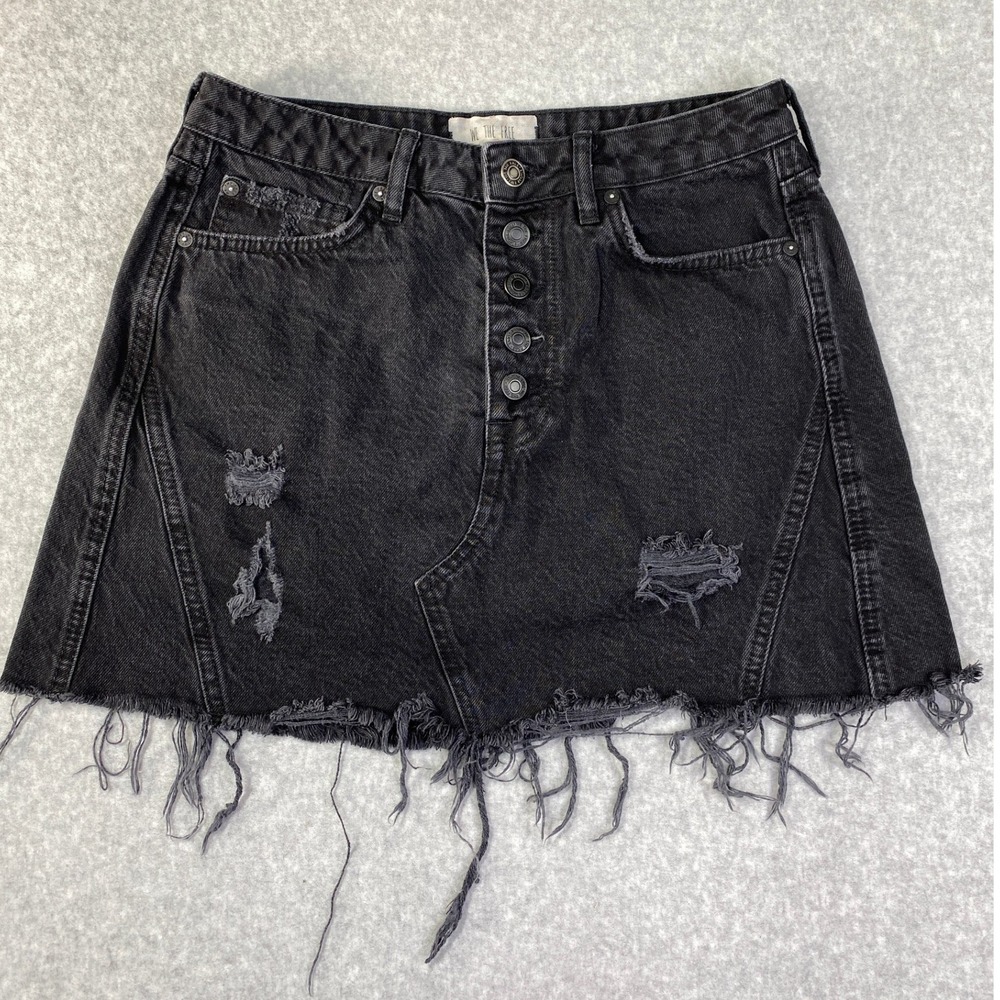 We The Free Denim Mini Skirt Womens 28 Black Excellent Distressed Button Fly